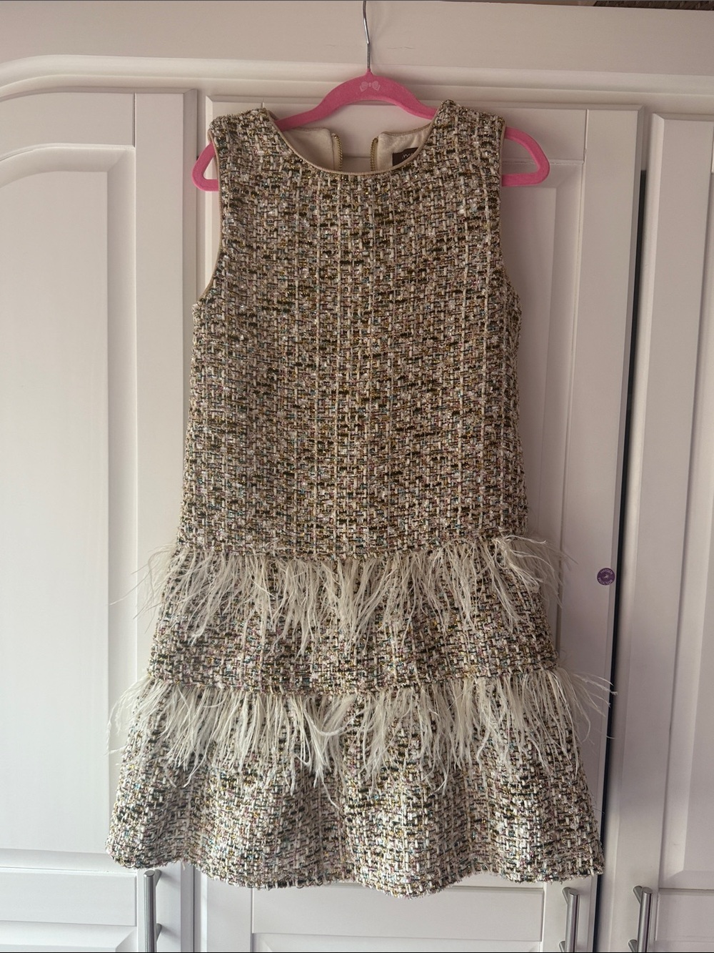 Imoga Cream Tweed Dress with Feather Trim